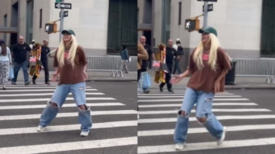 A US woman danced to a Bhojpuri song at a New York crosswalk, and the clip went viral.(Instagram/logielingo)