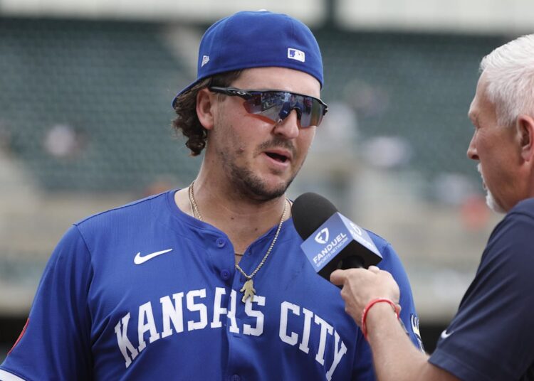 Aug 24, 2025; Detroit, Michigan, USA; Kansas City Royals first baseman Vinnie Pasquantino (9) is interviewed at the end of the game against the Detroit Tigers at Comerica Park. Mandatory Credit: Brian Bradshaw Sevald-Imagn Images