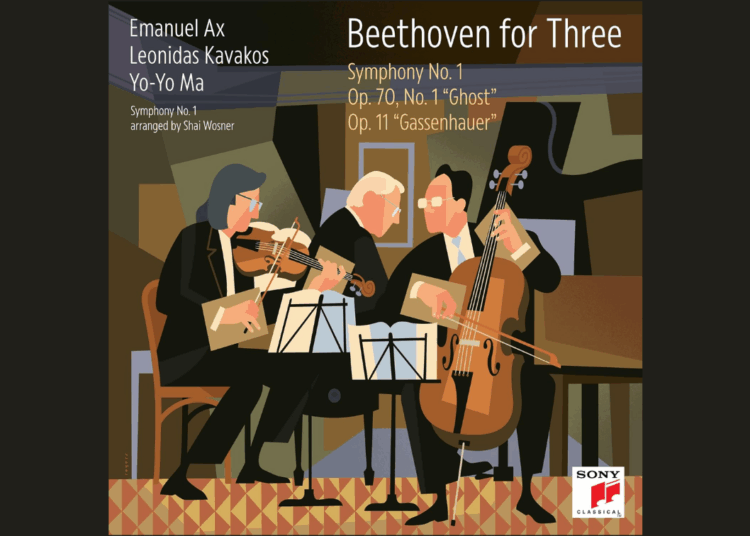 Illustration of three musicians playing string instruments on the cover of a Beethoven album titled Beethoven for Three by Emanuel Ax, Leonidas Kavakos, and Yo-Yo Ma.