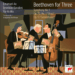 Illustration of three musicians playing string instruments on the cover of a Beethoven album titled Beethoven for Three by Emanuel Ax, Leonidas Kavakos, and Yo-Yo Ma.