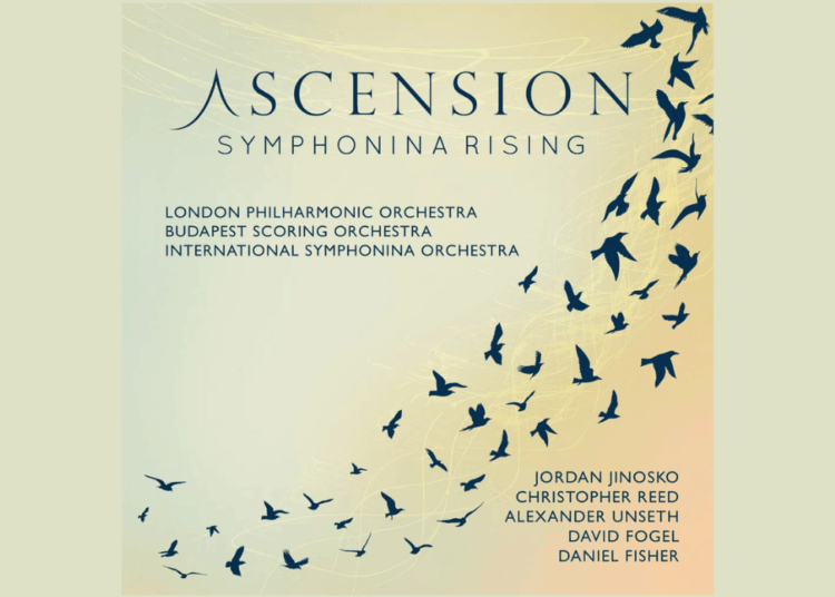 Album cover for Ascension: Symphonina Rising featuring silhouettes of birds in flight against a gradient sky, with listed orchestras and composers names on the left.