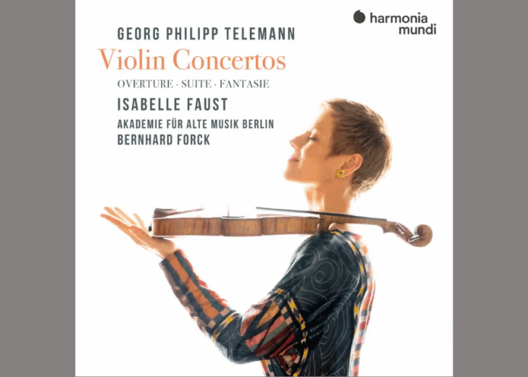 Album cover for Telemann: Violin Concertos by Isabelle Faust, featuring a profile of Faust holding a violin against a plain background.