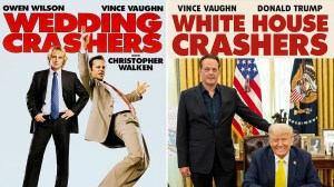 Side-by-side posters of 'Wedding Crashers' and the White House spoof

