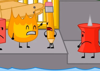 Cube, Firey, Pencil, Pin, and Rocky bickering in Battle for Dream Island