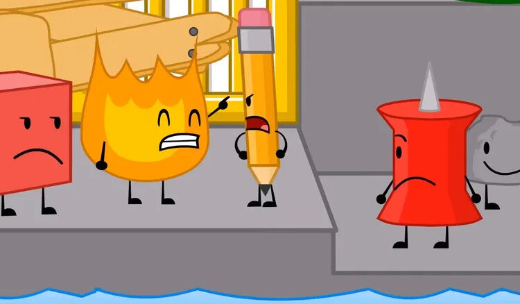 Cube, Firey, Pencil, Pin, and Rocky bickering in Battle for Dream Island