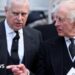 Prince Andrew and King Charles, dressed in black mourning clothes, at the funeral of the Duchess of Kent
