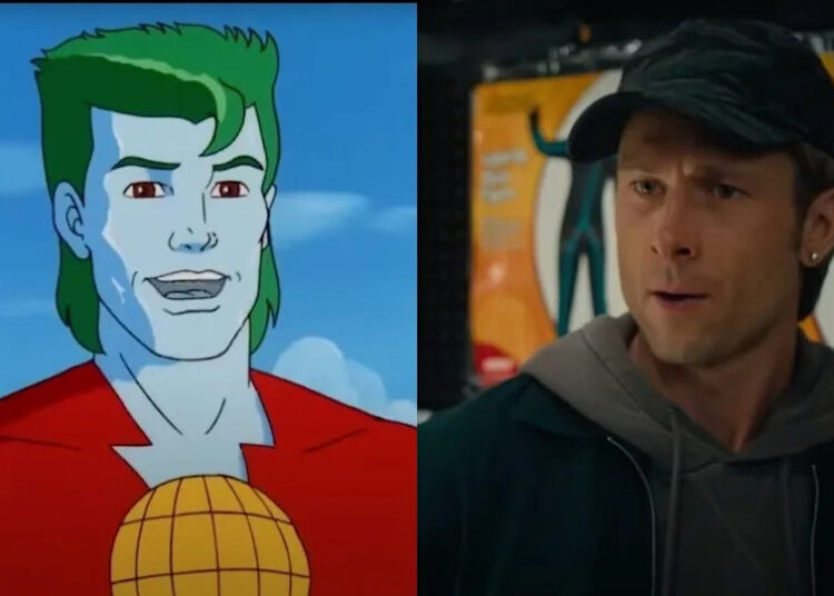 Side by side of Captain Planet in Captain Planet and the Planeteers and a nervous Glen Powell in Chad Powers.