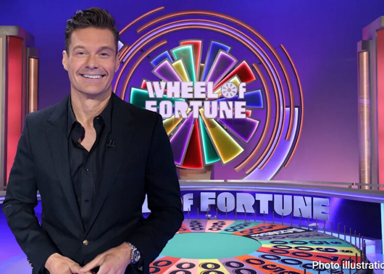 Ryan Seacrest in front of Wheel of Fortune set in illustrated image
