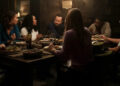 Mae Silver, Erin Reagan Boyle, Danny Reagan, Sarah Silver, Reverend Peters, and Jonah Silver having dinner in "Boston Blue"