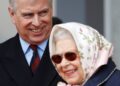 The Queen, in a silk scarf and sunglasses, laughs with Prince Andrew