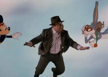 Eddie Valiant falling inbetween Mickey Mouse and Bugs Bunny in Who Framed Roger Rabbit