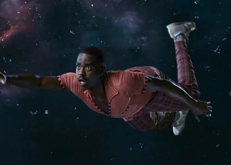 image of Ncuti gatwa as the doctor in doctor who season two trailer floating in space.