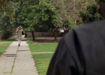 Michael Myers stares down Jamie Lee Curtis as Laurie Strode in Halloween.