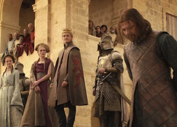 Game of Thrones, Ned about to be executed by Joffrey, while Cersei and Sansa stand to the side
