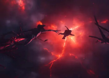 A Demogorgon chasing someone in the Upside Down in Stranger Things 5