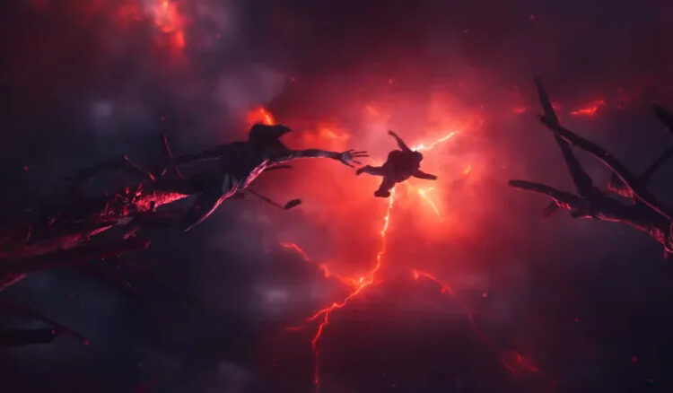 A Demogorgon chasing someone in the Upside Down in Stranger Things 5