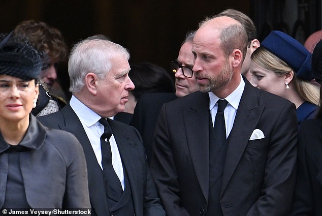 Prince Andrew (pictured left) seen in a frosty exchange with Prince William (pictured right) as they walked out of Westminster Abbey at the Duchess of Kent's funeral last month