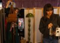 YouTube content creators Diana Extein, left, and Candice Waltrip, right, film clothing try-ons during YouTube's Holiday House shopping event at Google Spruce Goose on Thursday, Oct. 16, 2025 in Playa Vista, CA.