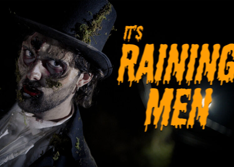 Photo: A cover image with a person dressed as a zombie on the left and orange text reading ITS RAINING MEN on the right.