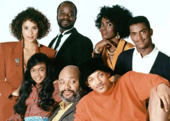 THE FRESH PRINCE OF BEL-AIR, (front, from left): Tatyana Ali, James Avery, Will Smith, (back): Karyn Parsons, Joseph Marcell, Janet Hubert, Alfonso Ribeiro, 1990-96. © NBC / Courtesy: Everett Collection