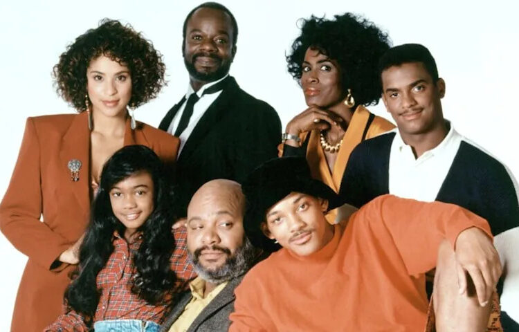 THE FRESH PRINCE OF BEL-AIR, (front, from left): Tatyana Ali, James Avery, Will Smith, (back): Karyn Parsons, Joseph Marcell, Janet Hubert, Alfonso Ribeiro, 1990-96. © NBC / Courtesy: Everett Collection