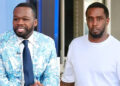 50 Cent in a blue patterned suit smiling, and Diddy in a white shirt outdoors.
