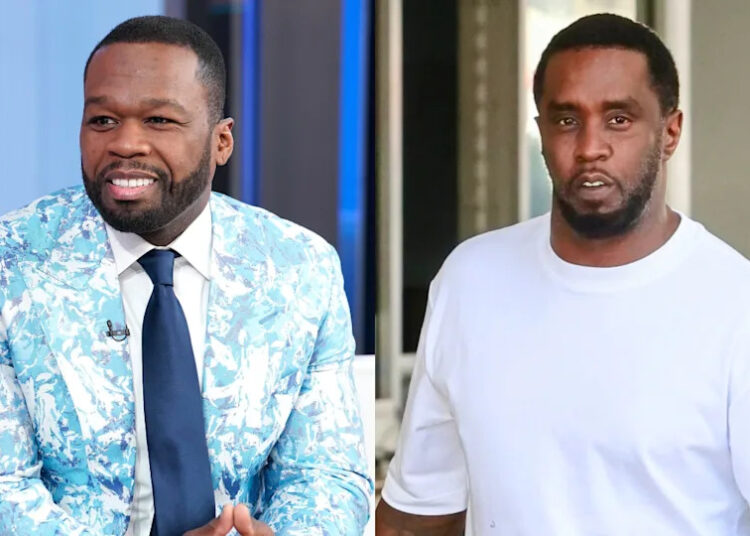 50 Cent in a blue patterned suit smiling, and Diddy in a white shirt outdoors.