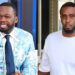 50 Cent in a blue patterned suit smiling, and Diddy in a white shirt outdoors.