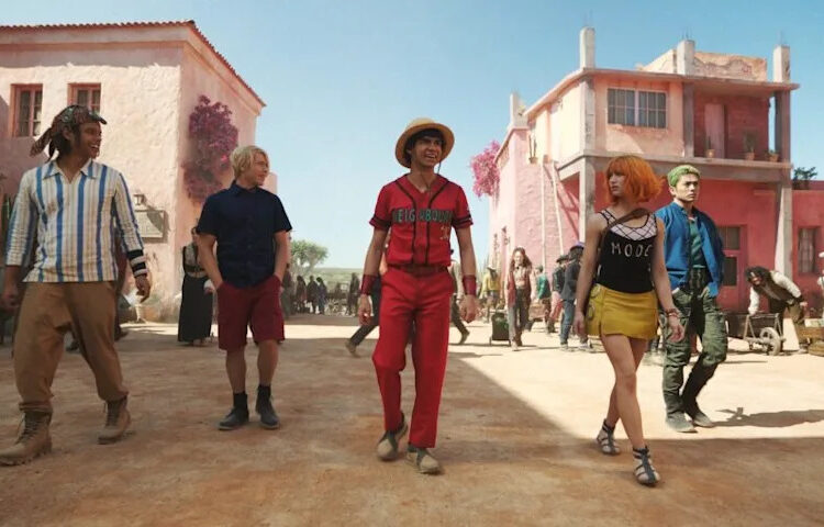 Jacob Romero as Usopp, Taz Skylar as Sanji, Iñaki Godoy as Monkey D. Luffy, Emily Rudd as Nami, Mackenyu as Roronoa Zoro in season 2 of Netflix's 'One Piece.'