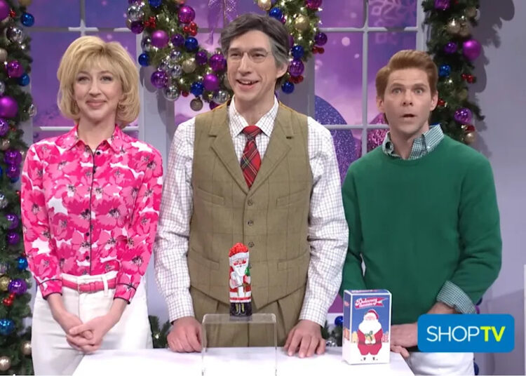 Heidi Gardner, Adam Driver, Mikey Day in a Shop TV sketch. / NBC