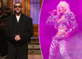 An image collage containing 2 images, Image 1 shows Host Bad Bunny during the Monologue, Image 2 shows Doja Cat performs on Day 1 of Outside Lands Festival