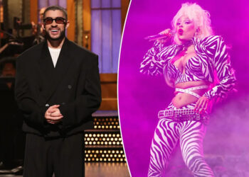 An image collage containing 2 images, Image 1 shows Host Bad Bunny during the Monologue, Image 2 shows Doja Cat performs on Day 1 of Outside Lands Festival