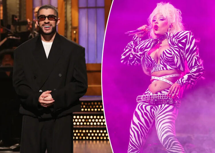 An image collage containing 2 images, Image 1 shows Host Bad Bunny during the Monologue, Image 2 shows Doja Cat performs on Day 1 of Outside Lands Festival
