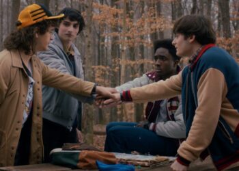 Gaten Matarazzo, Finn Wolfhard, Caleb McLaughlin, and Noah Schnapp in 'Stranger Things' Season 5