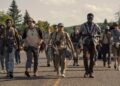 David Jonsson as McVries, Cooper Hoffman as Garraty, Jordan Gonzalez as Harkness, Ben Wang as Olson, and Tut Nyuot as Baker in The Long Walk. Photo Credit: Murray Close/Lionsgate