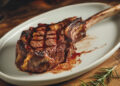 Tomahawk steak on a plate on a wooden table