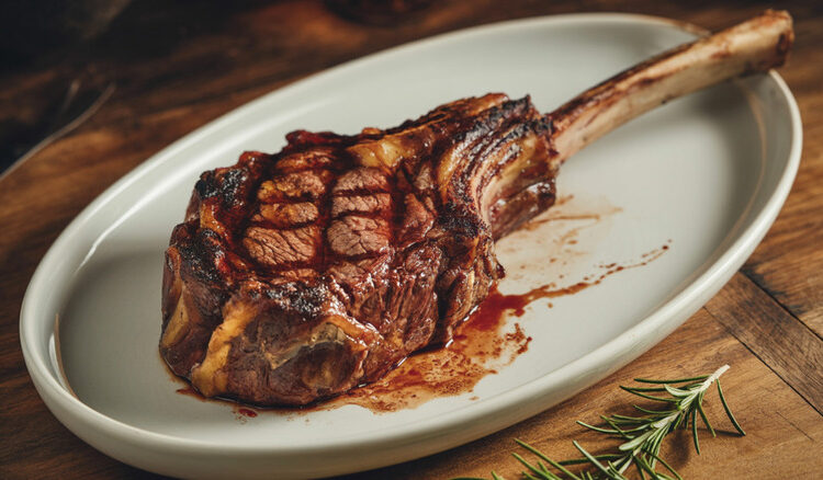 Tomahawk steak on a plate on a wooden table