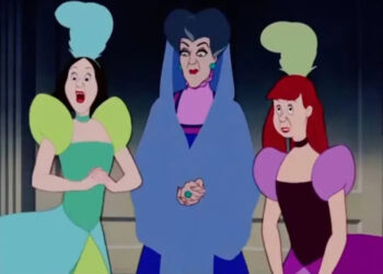 Three animated characters from Cinderella: two young women in puffed gowns and a woman in a regal blue gown, all with dramatic feathered headpieces