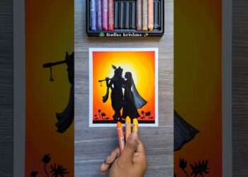 🦚 Radha Krishna Silhouette Drawing 🌅 | Easy Sunset Love Art with Oil Pastels