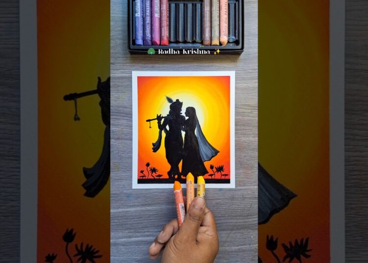 🦚 Radha Krishna Silhouette Drawing 🌅 | Easy Sunset Love Art with Oil Pastels
