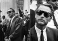 Two black-and-white photos of a man in a suit and dark sunglasses. In the left photo, he is being interviewed on courthouse steps; in the right, he is seen close up, looking thoughtful among a crowd.