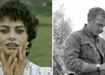 Split image: Left, a woman with short dark hair touches her face, outdoors, wearing earrings and a patterned top. Right, a man in a denim jacket looks down, outdoors in a black-and-white photo.