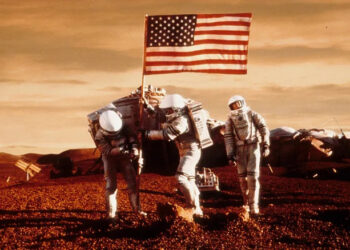 The astronauts planting thee American flag on Mars in Mission to Mars