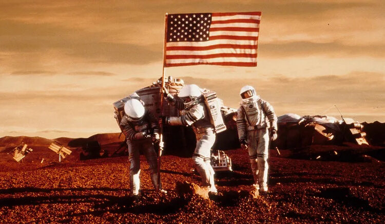 The astronauts planting thee American flag on Mars in Mission to Mars