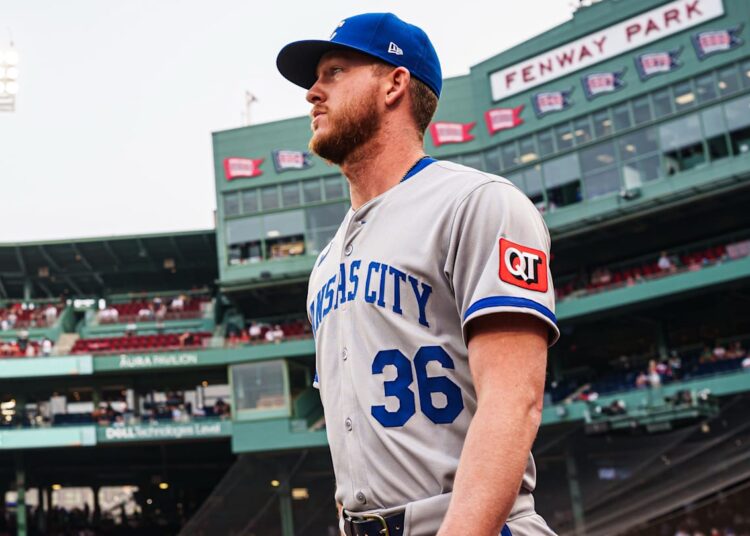 Aug 4, 2025; Boston, Massachusetts, USA; Kansas City Royals pitcher Bailey Falter (36) make his way to the bullpen before the start of the game against the Boston Red Sox at Fenway Park. Mandatory Credit: David Butler II-Imagn Images