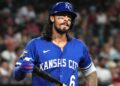 Jul 6, 2025; Phoenix, Arizona, USA; Kansas City Royals second base Jonathan India (6) reacts after striking out against the Arizona Diamondbacks in the fourth inning at Chase Field. Mandatory Credit: Rick Scuteri-Imagn Images