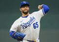 Sep 4, 2025; Kansas City, Missouri, USA; Kansas City Royals starting pitcher Noah Cameron (65) pitches during the first inning against the Los Angeles Angels at Kauffman Stadium. Mandatory Credit: Jay Biggerstaff-Imagn Images