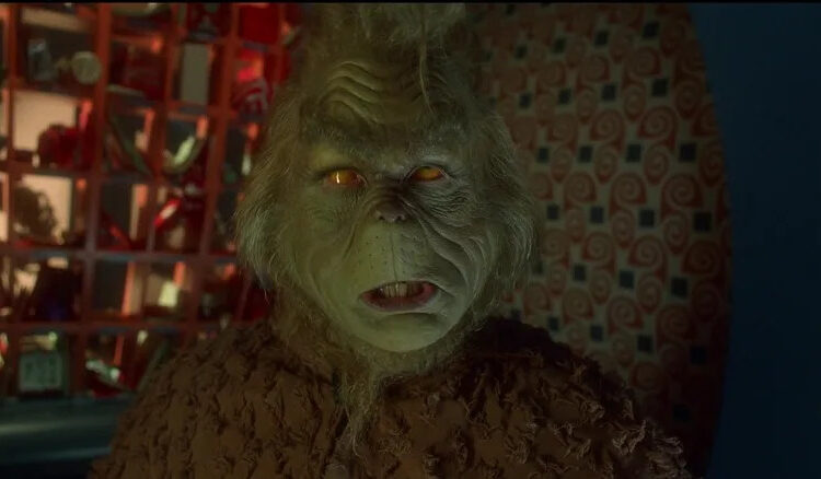 Jim Carrey's Grinch is seen in closeup in How The Grinch Stole Christmas