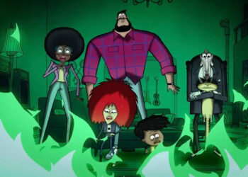 London Hughes as Alicia Pennyworth, Haley Tju as Volcana, Luke Wilson as Bruce Wayne, Yonas Kibreab as Damien Wayne, and James Cromwell as Alfred are beset by green flames in Bat-Fam