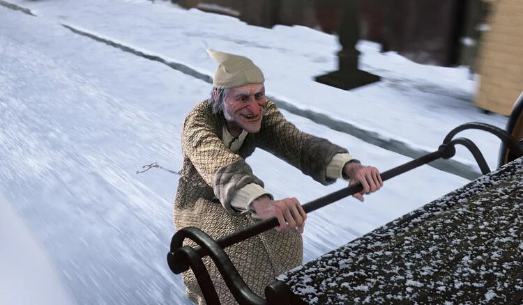 Scrooge riding the back of a carriage in A Christmas Carol (2009)